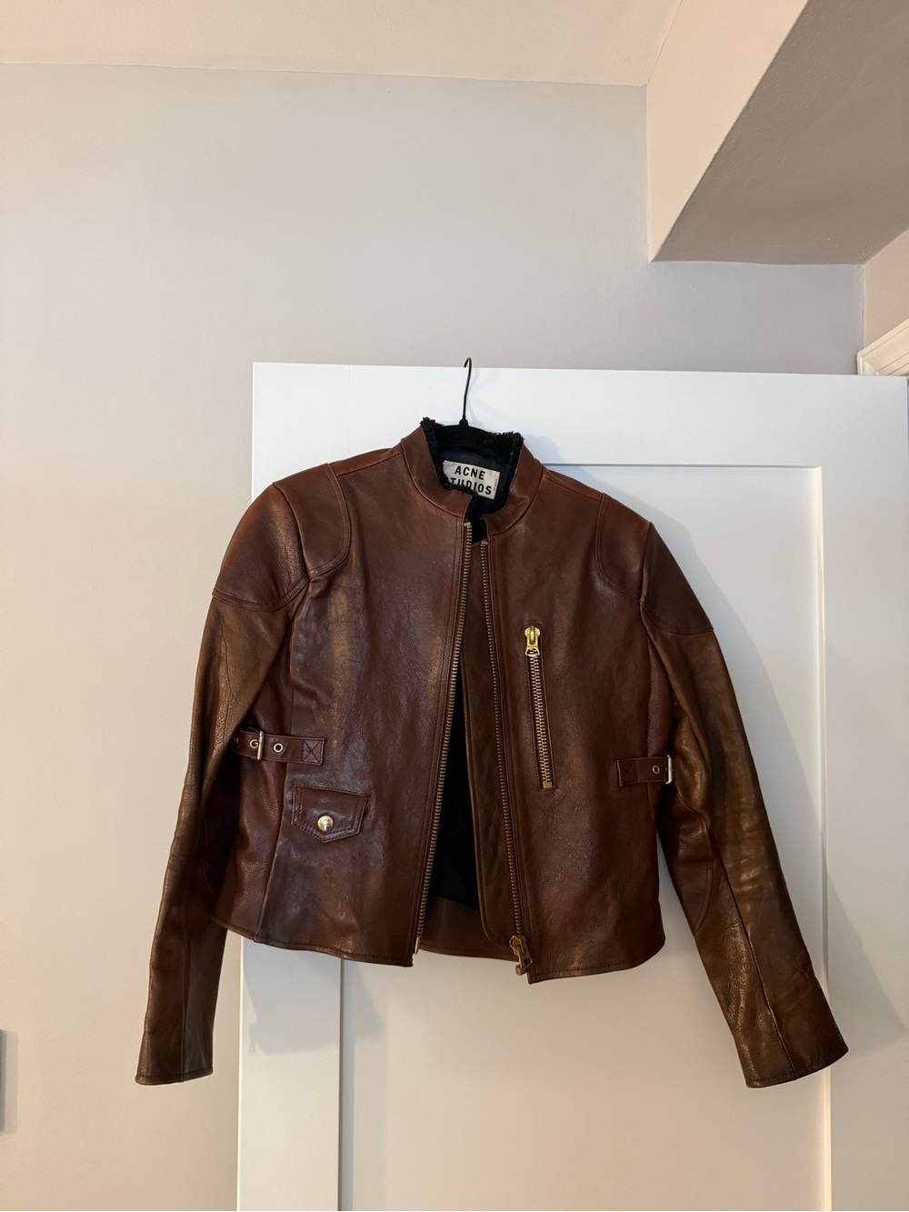 Acne Brown Leather Jacket with Black Shearling Collar